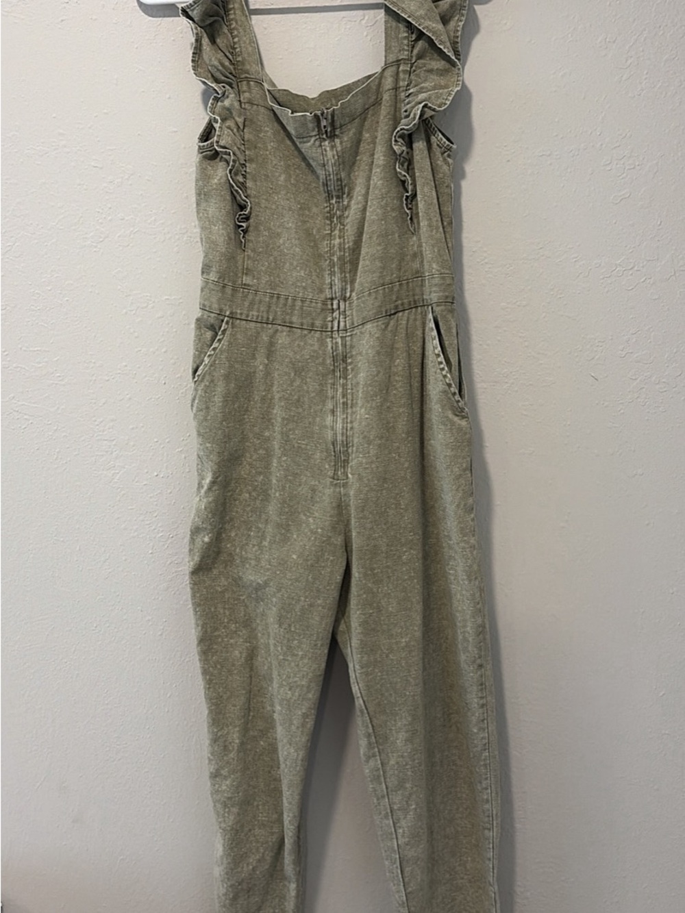 Newbury Kustom Washed Olive Green Ruffled Strap Jumpsuit
